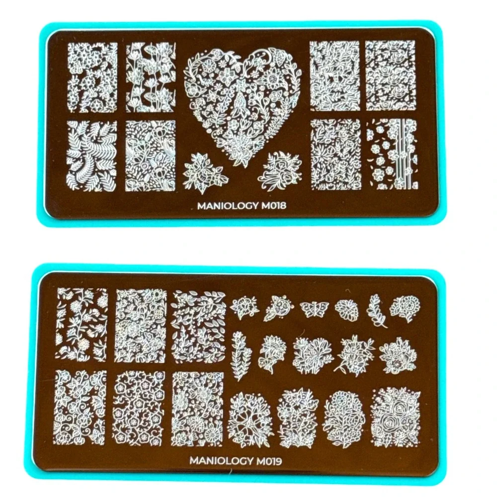 Maniology Nail Stamping Plate M018 M019 Floral Botanical Heart Butterfly 2pc Set